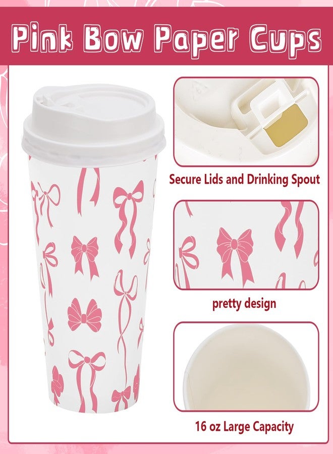 Whaline 100Pcs Pink Bow Paper Cups with Lids 16oz Bowknot Heart Disposable Cups Cute Coquette Drinking Cup for Hold Cold Drinks - Image 3